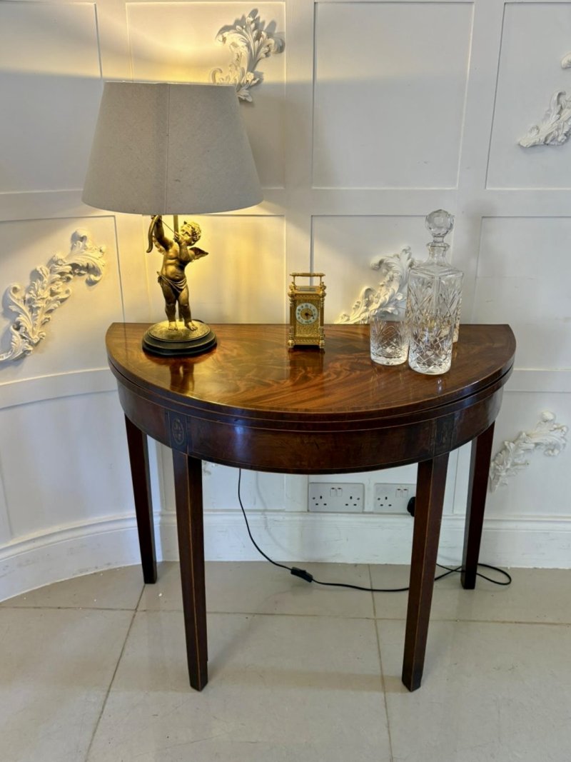 Antique George III Quality Mahogany Inlaid Demi Lune Shaped Card/Console Table - Image 4